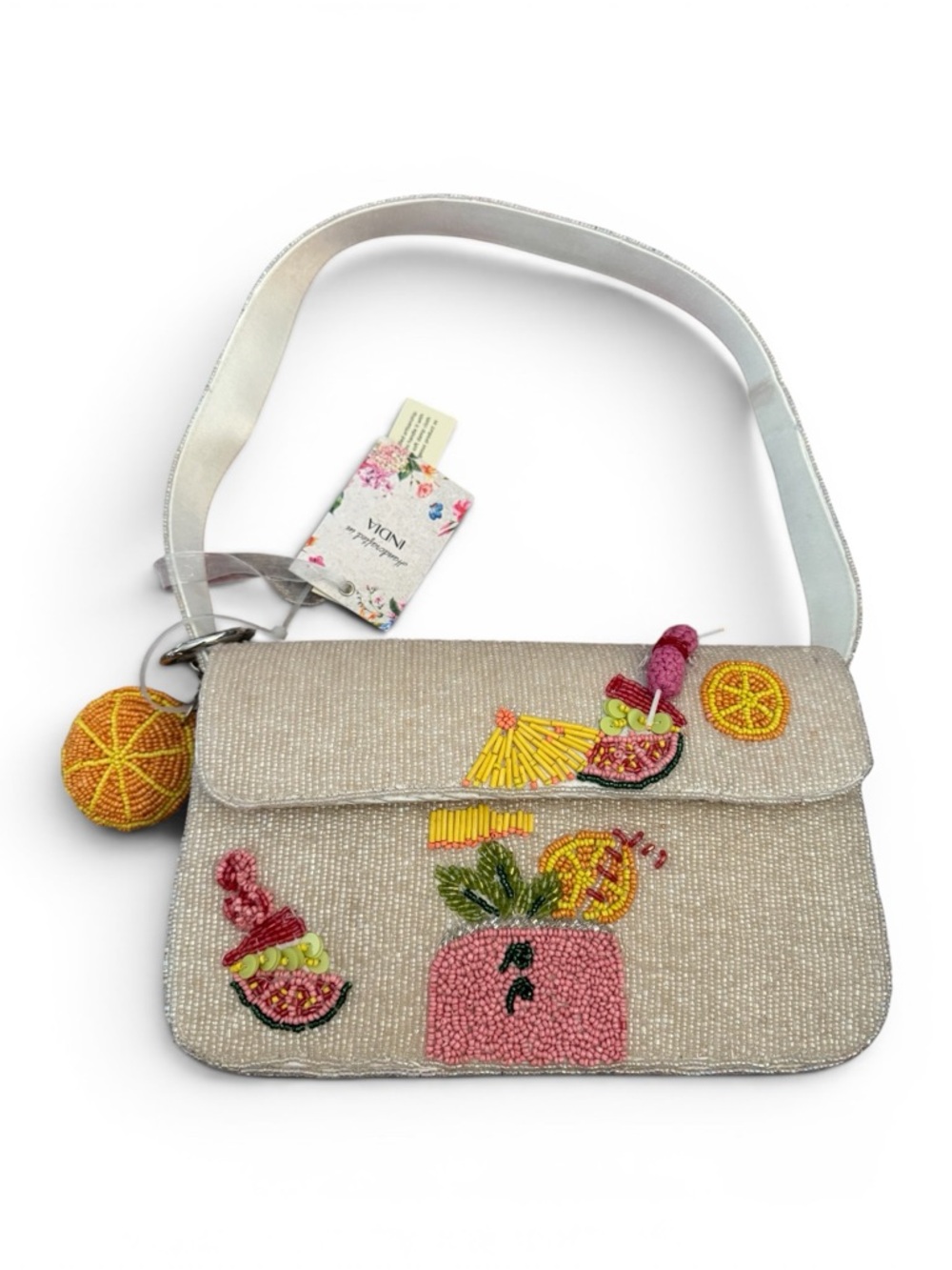 Beaded Cocktail Embellished Shoulder Bag - Cream with Pink & Yellow Accents